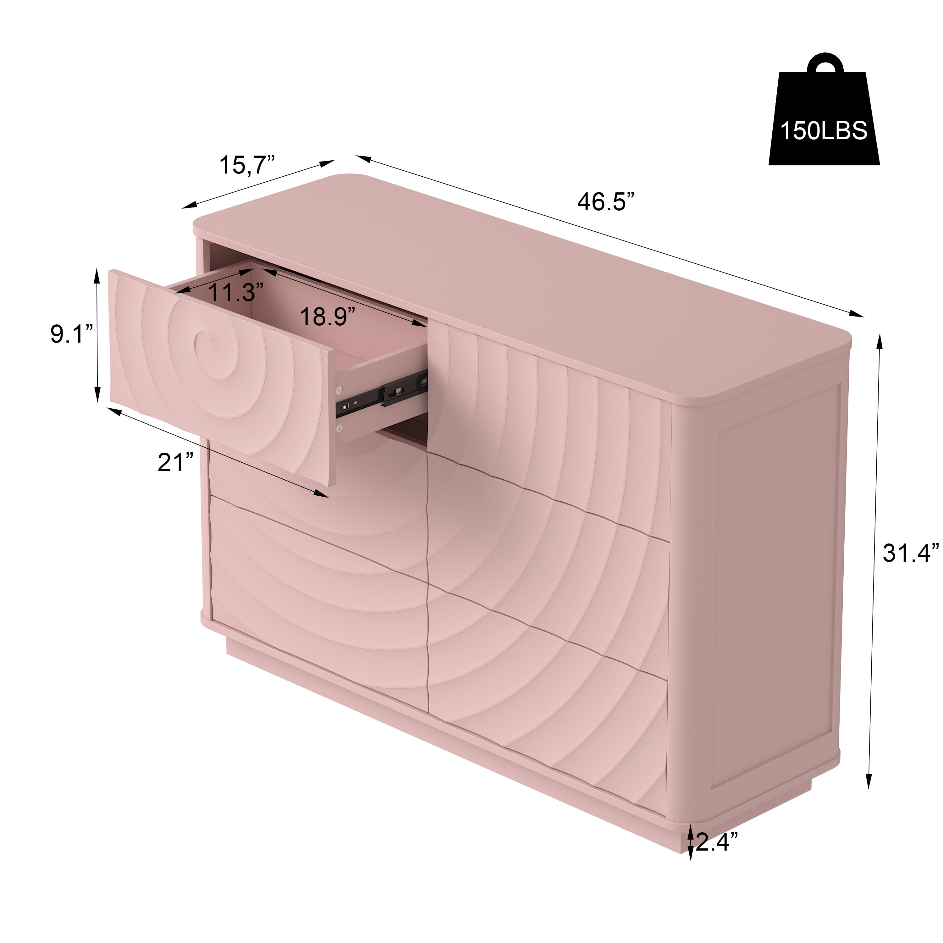 Aukfa 6 Drawer Dresser with 3D Wave Front Design, Modern Wood Double Dresser, Wide Chest of Drawers with Anti-Tip Kit for Bedroom,Pink
