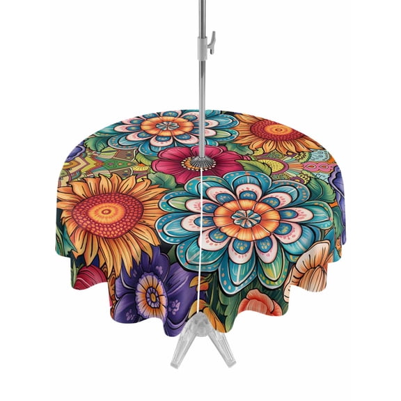 Outdoor Tablecloth with Umbrella Hole Zipper Boho Teal Flower Round Tablecloth 54" Waterproof Outside Table Cloth Spring Bohemia Chic Red Yellow Floral Patio Table Cover Tablecloths for Picnic Party