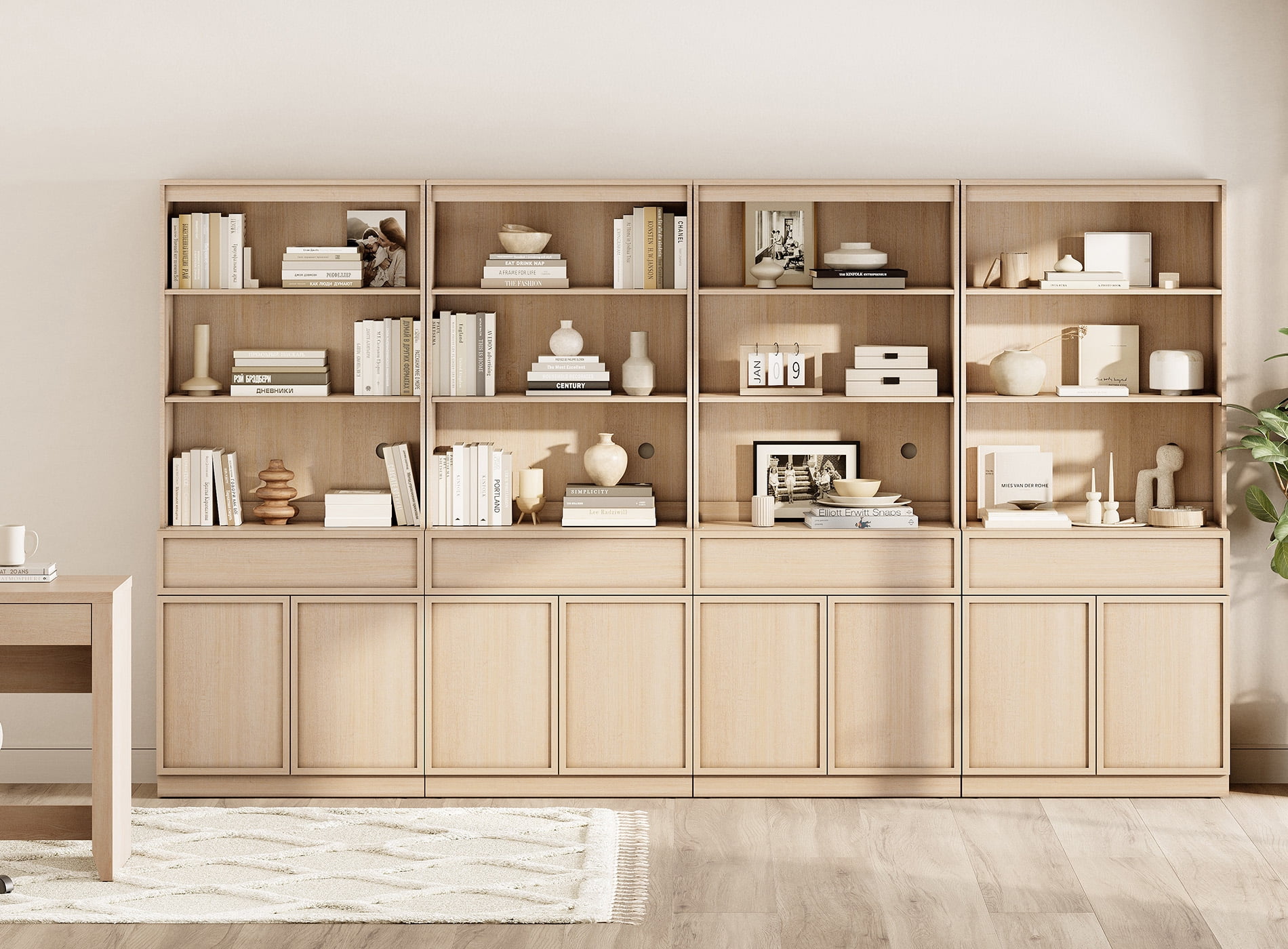 Modern 72" Tall Bookcase with Doors, Drawers & Adjustable Shelves, Wood Bookcase with Storage Cabinet and Open Shelving,Beige