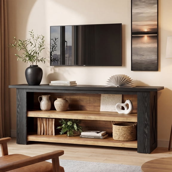 Finmind 3-Tier Farmhouse TV Stand for 55/65/75" TVs, 63Entertainment Center with Storage, Media Console for Living Room, Bedroom, Black and Brown