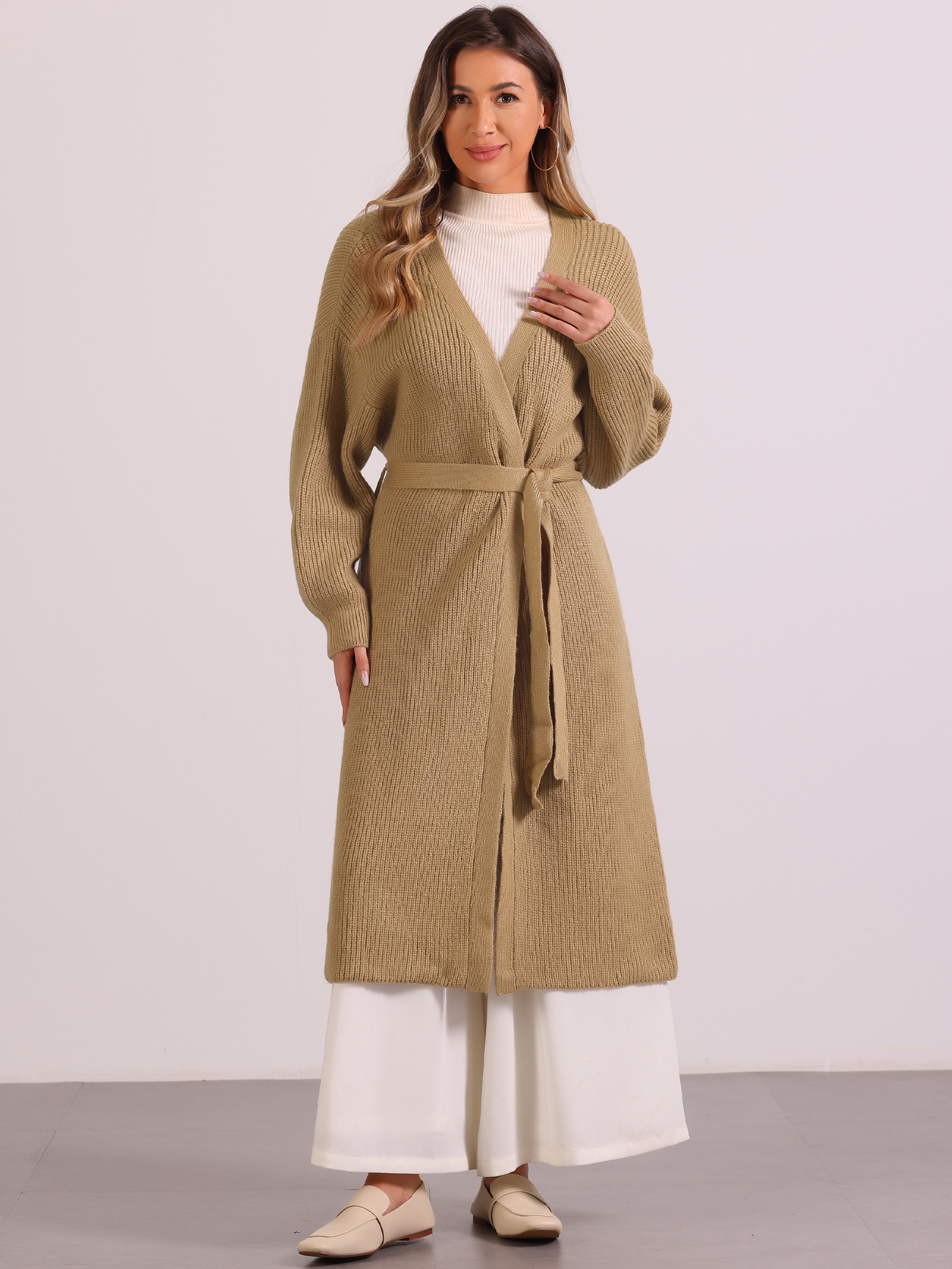 DARING DIVA Women's Long Sleeve Knitwear Sweater Coat with Belt L Khaki