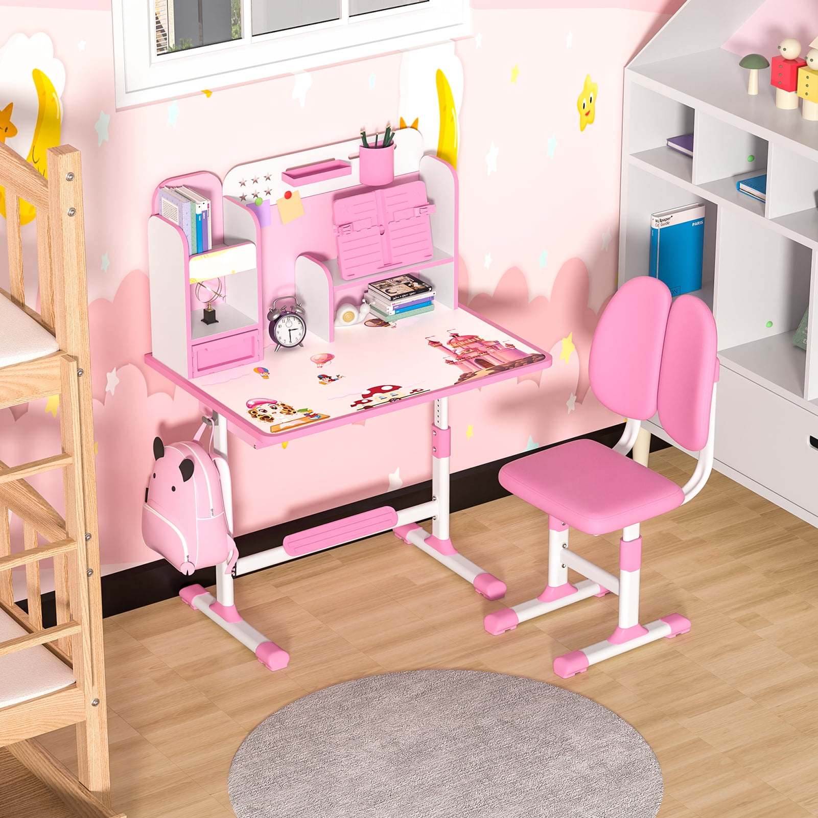 Upgraded Kids Desk and Chair Set, Height Adjustable Kids Functional Desk and Chair Set for Kids 8-12, Study Table for Girls Boys, Writing Table for Kids-Pink
