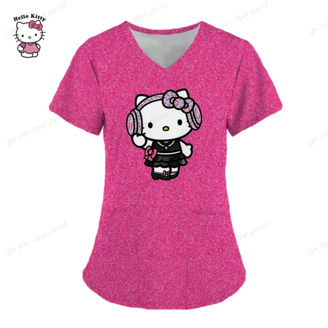 Uniforme de enfermera Kawaii para mujer, Tops con estampado de Hello Kitty, monos de manga corta con bolsillo, blusa médica de enfermería