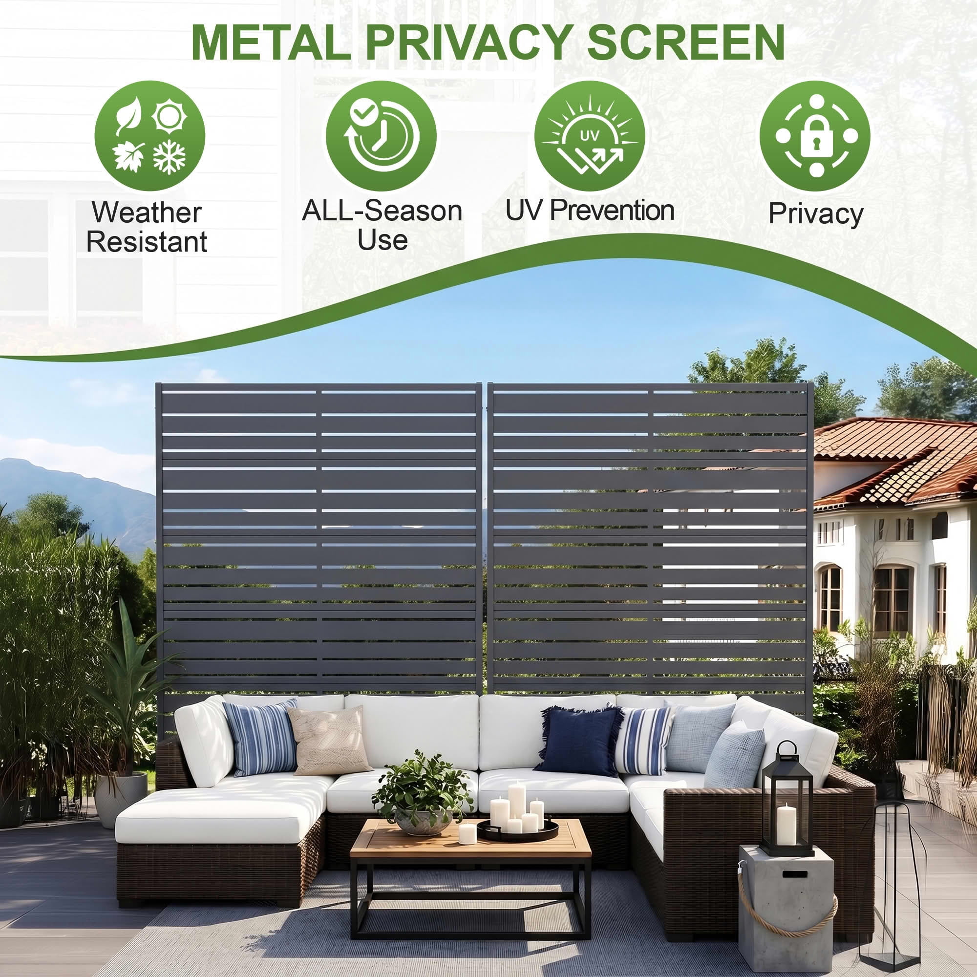 MAYEERTY 72"x47" Privacy Screen, Basalt Ash 6-Panel Galvanized Steel Louvered Fence, Wide-1 Narrow-2, Freestanding for Patio Backyard