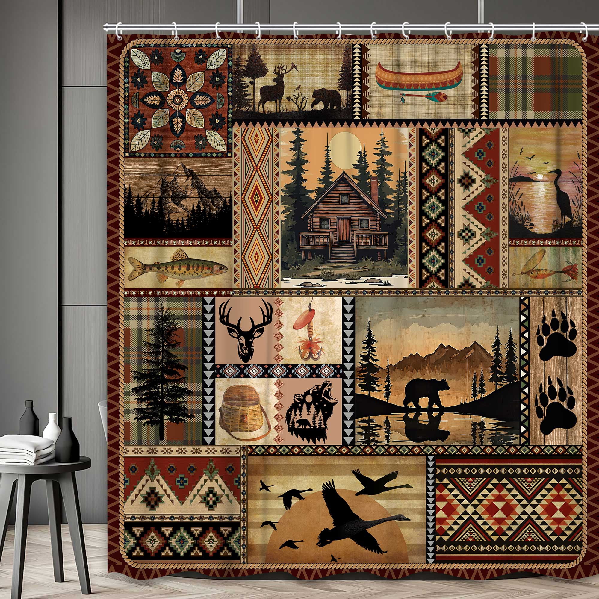 Cabin Shower Curtain, Rustic Cabin Lodge Fabric Bath Curtain, Bear Moose Farmhouse Lodge Wooden Board Cloth Shower Curtains Wild Animal Hunting Bathroom Accessories with Hooks, Tan Brown, 72X72in