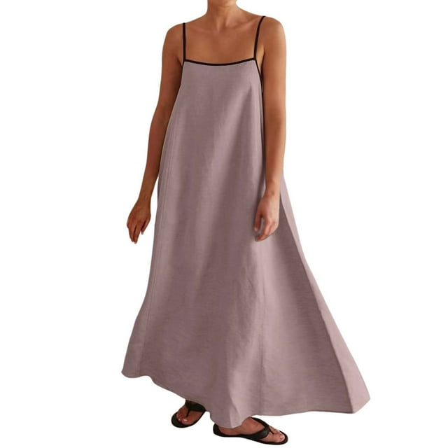 Wdgfv Robe Maxi d'Été pour Femmes avec Bordure Contrastée Bretelles Spaghetti Dos Nu Sans Manches Robe Longue Décontractée de Plage