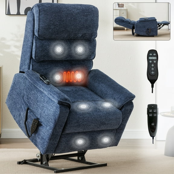 Power Lift Recliner Chair for Elderly, Large Chenille Recliner Chair with Massage and Heat, Overstuffed Wide Recliners with Power-Remote, Up to 350 LBS, Blue
