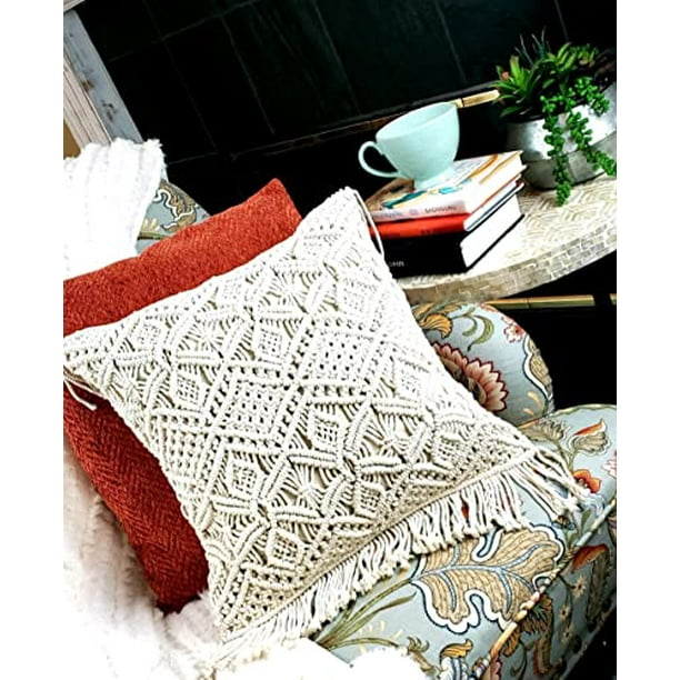LIVALAYA Macrame Pillow Covers Set of 2 Ivory Boho Throw Pillow Covers Farmhouse Woven Bohemian Pillow Covers with Tassels for Bed Couch Boho