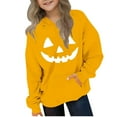 thumbnail image 3 of lcziwo Girls Boys Hoodies Cartoon Pumpkin Ghost Letter Printed Long Sleeve Hooded Sweatshirt Halloween Pullover Hoodie with Pocket Child Party Hoody Yellow 110, 3 of 5