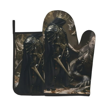 

Vsdgher Medieval Knight And Dragon Oven Mitts and Pot Holders 2 pcs Set High Heat Resistant Kitchen Oven Glove for Baking and Cooking