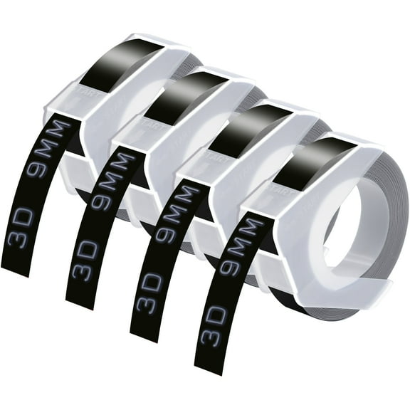GREENCYCLE 4PK Compatible for Dymo 3D Plastic Embossing Labels 520109 White on Black Label Tape 9mm 3/8'' x 3m 9.8' Use in Organizer Xpress Pro 12966, Office Mate II 1540, Motex E101 Label Maker