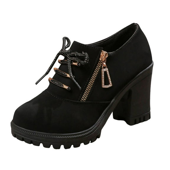 Chunky High Heel Combat Boots for Women Stylish Platform Lace Up Ankle Boots Casual Suede Low Top Heeled Dress Shoes Black Size 6