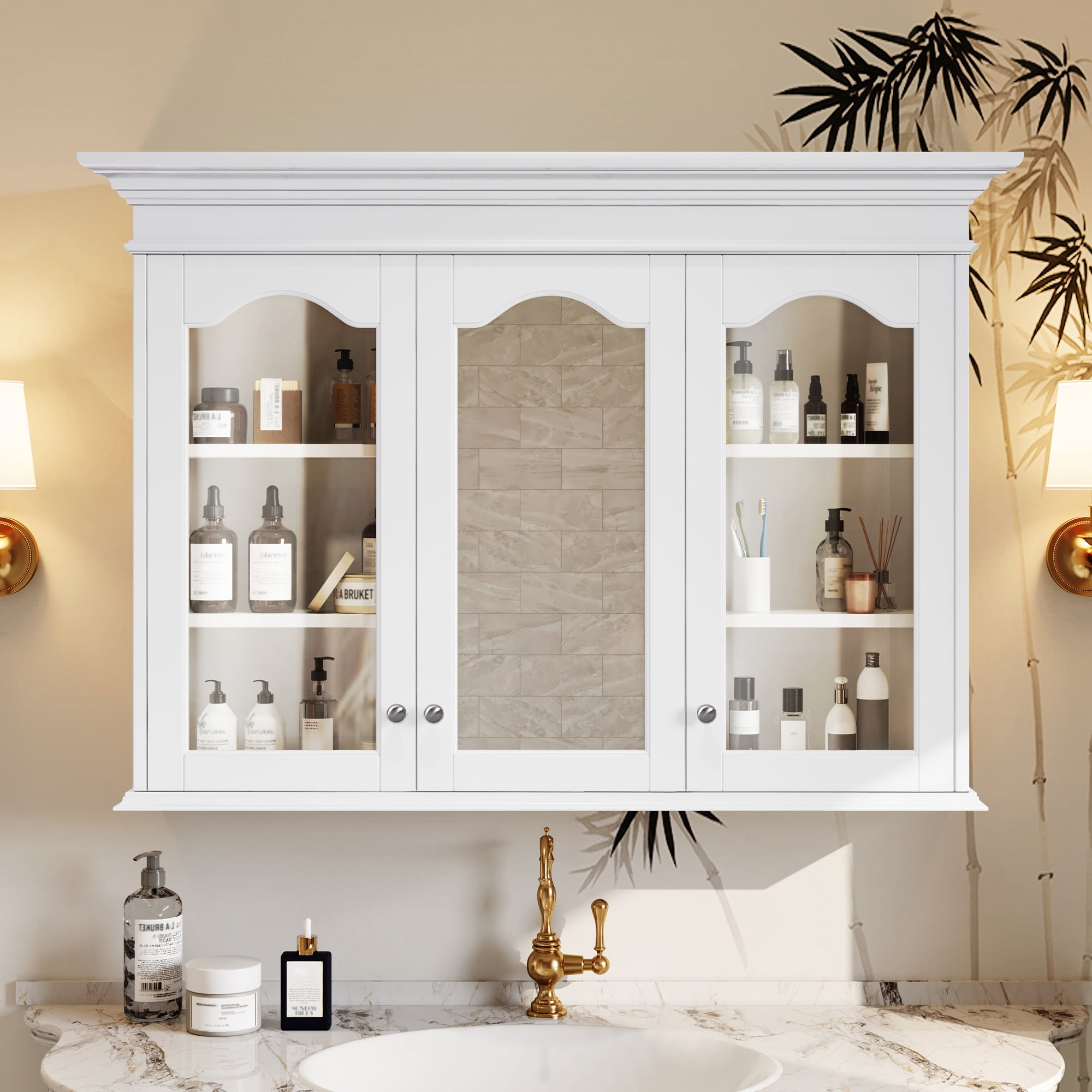 Euroco 40" Medicine Cabinet with Mirror, Bathroom Storage Cabinet with Mirror Door and Shelves, Wall Mounted Bathroom Cabinet with Glass Doors