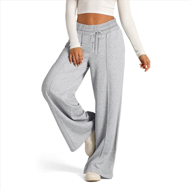 Pantalones Deportivos de Pierna para Mujer, Holgados, con Cordón Elástico, de Cintura Alta, Estilo Palazzo. Gris L