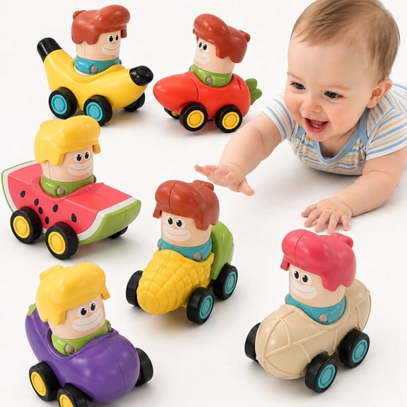 HOLYFUN Fruit Press-and-Go Push Toy Car for 6-12 Months Boys Girls, Early Educational Crawling Play Vehicle Toy for Toddlers