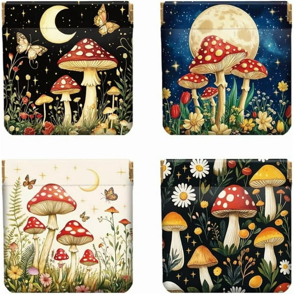4Pcs Small Leather Squeeze Coin Purse for Women-Night Sky And Mushrooms Pattern Waterproof & Durable Change Pouch Mini Money Wallet Best Gift for Adult Girls Imitation Leather