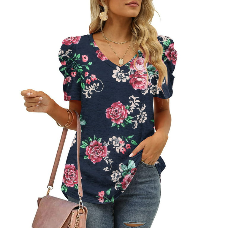 Summer Puffed Sleeve T Shirts Casual V Neck Loose Fit Tunic