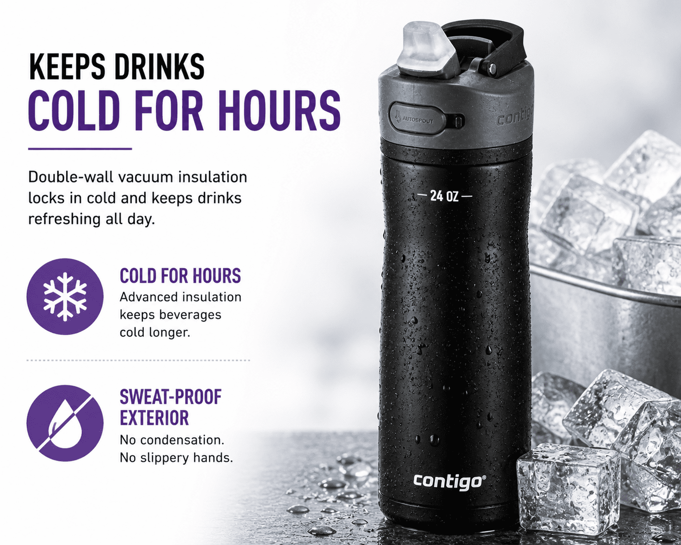 Contigo® Ashland Chill 2.0 Stainless Steel Water Bottle with AUTOSPOUT® Lid & Straw, 24 oz – 2-Pack (Black & Pansy Purple), Leakproof, Insulated, BPA-Free