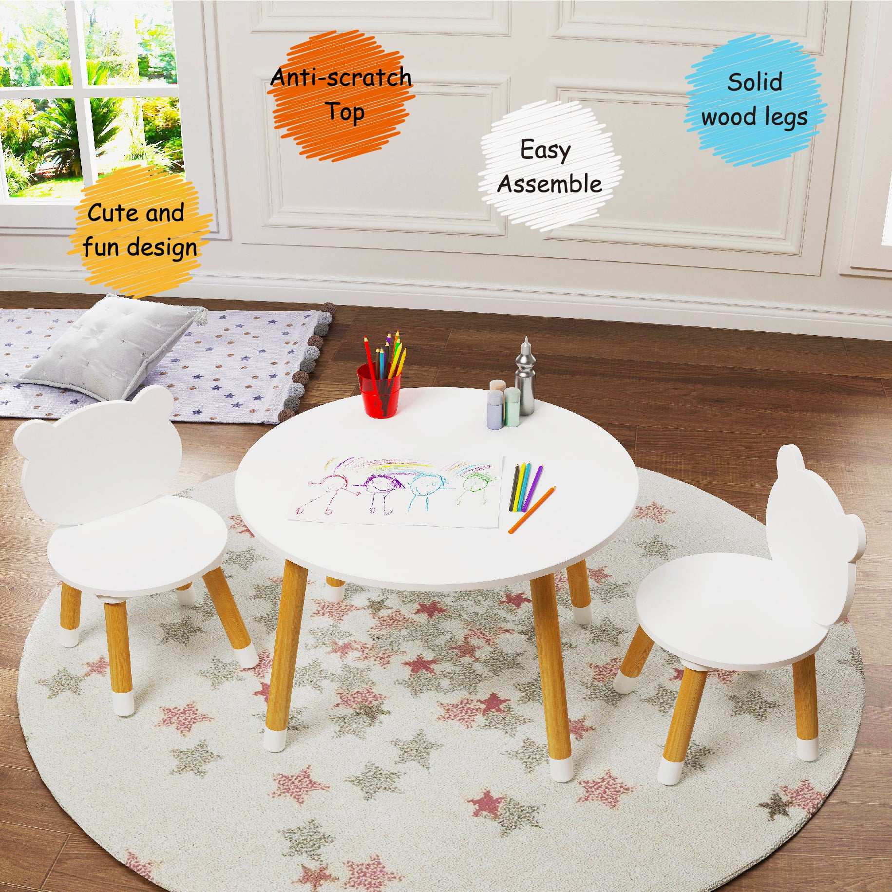 STAROUS 3-Piece Multifunction Kids Round Table and Chair Set, White