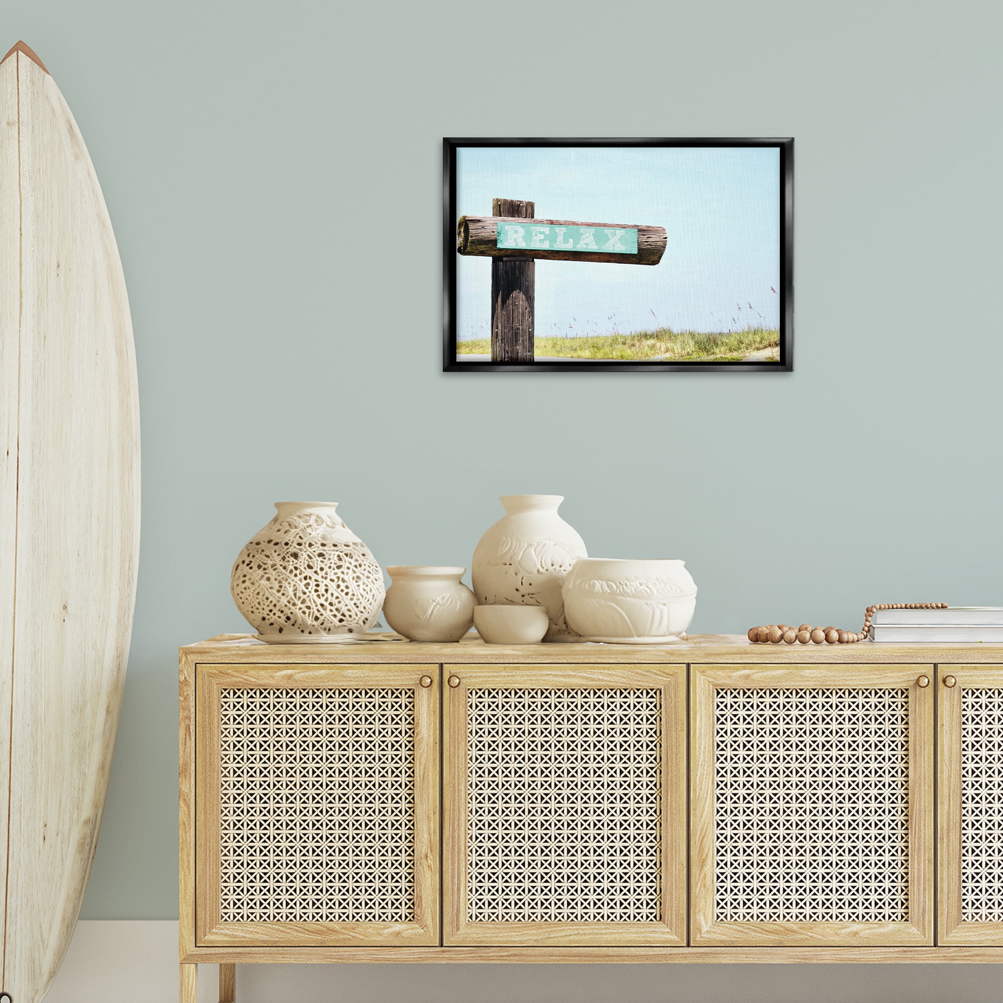 Stupell Industries Relax Sign on Beach Landscape Photography Black Floater Framed Canvas Art Print Wall Art, 25 x 17
