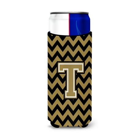 

Caroline s Treasures CJ1050-TMUK Letter T Chevron Black and Gold Ultra Hugger for slim cans Slim Can multicolor