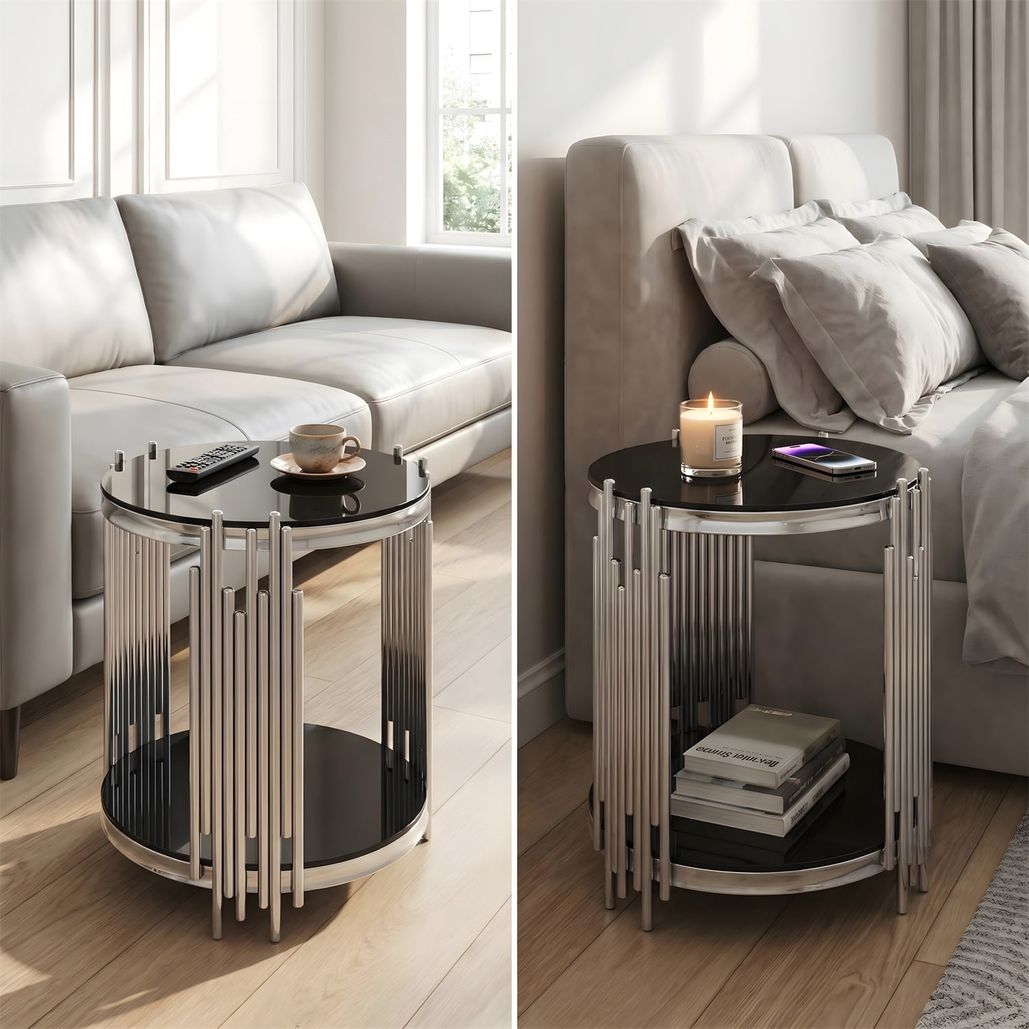 Hommoo 19.7" Round 2-Tier Glass End Table, Tempered Glass Top & Stainless Steel Legs, Modern Luxury Side Table for Living Room, Bedroom or Home Office, Black & Sliver