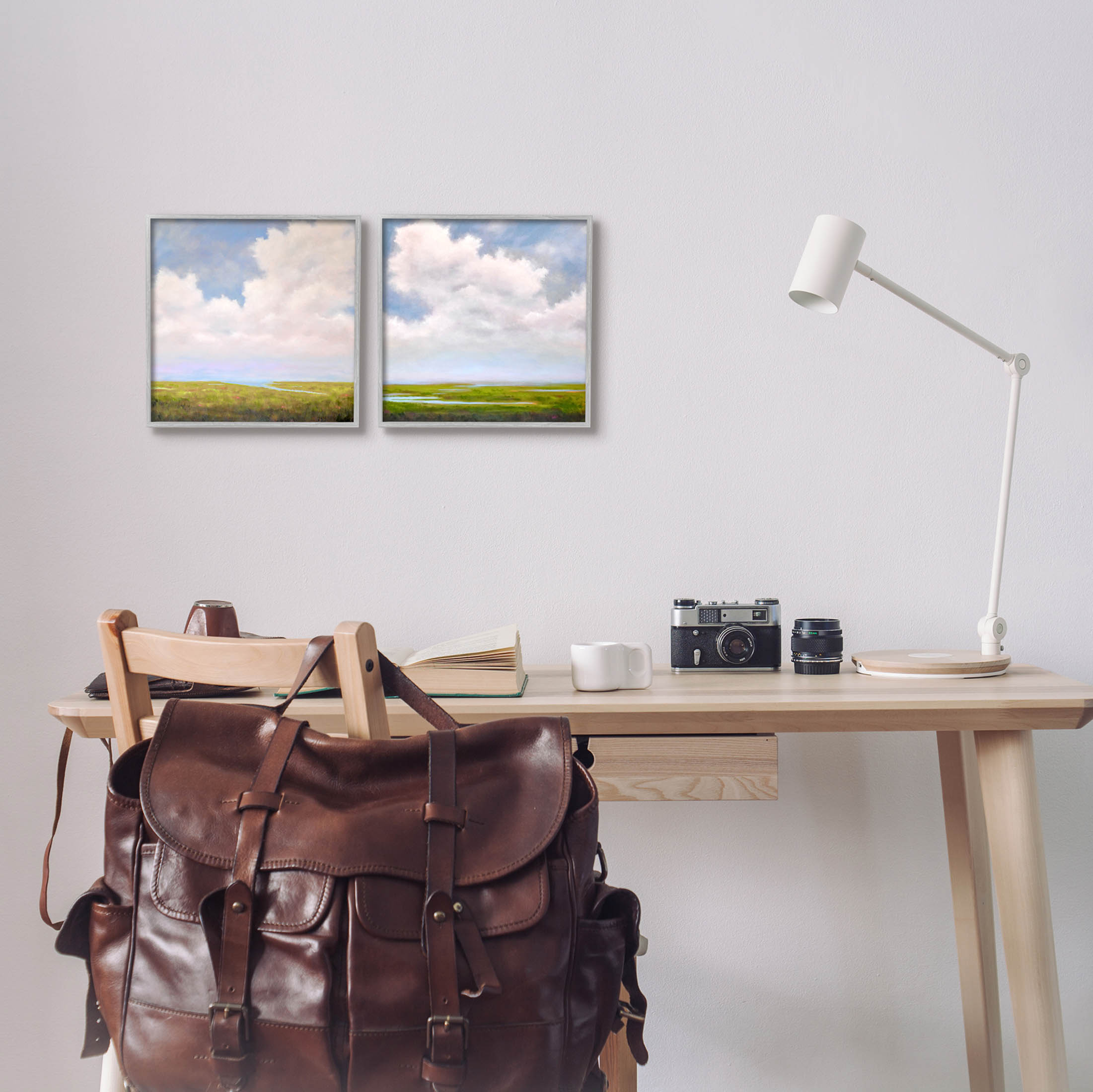 Stupell Industries Panoramic Clouds Over Bay Painting Gray Framed Art Print Wall Art, Set of 2, Design by Catherine Andersen