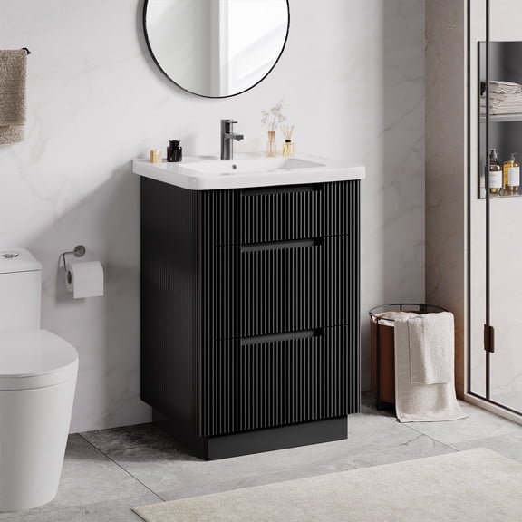 24″ Bathroom Vanity with Ceramic Sink, Modern Floor Vanity Sink Cabinet with 3 Drawers, Fluted Free Standing Bathroom Storage Cabinet with Sink Combo Set, Black