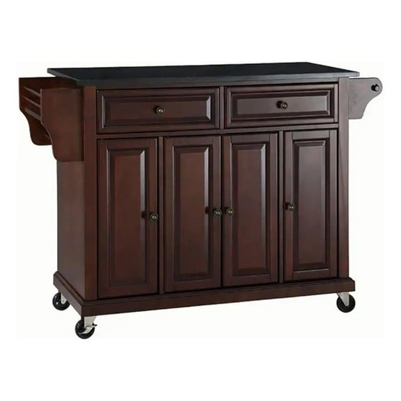 Pemberly Row Traditional Wood Kitchen Cart w/ Granite Top in Mahogany/Black