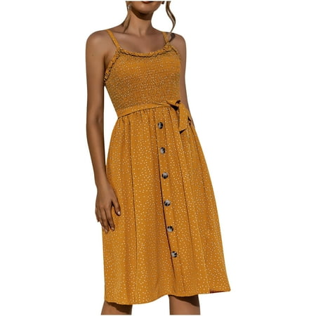 

Women Summer Cami Dress Plain Spaghetti Straps Dress Slimming High Waist A Line Dresses