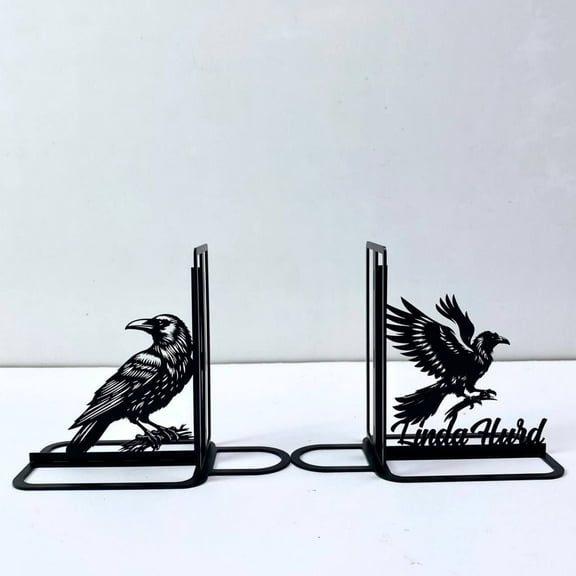 Craftnamesign Custom Black Raven Metal Bookends for Shelves, Raven Book Shelf Holder