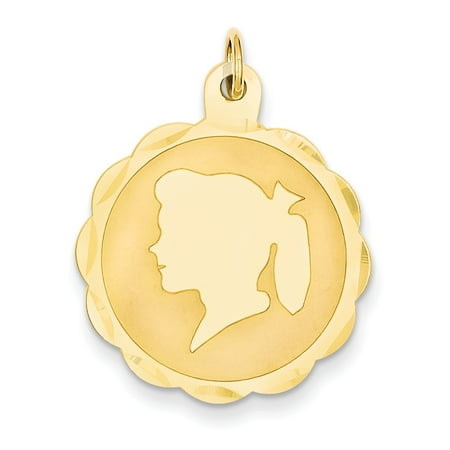 14K Yellow Gold Girl Head on .013 Gauge Engravable Scalloped Disc Charm