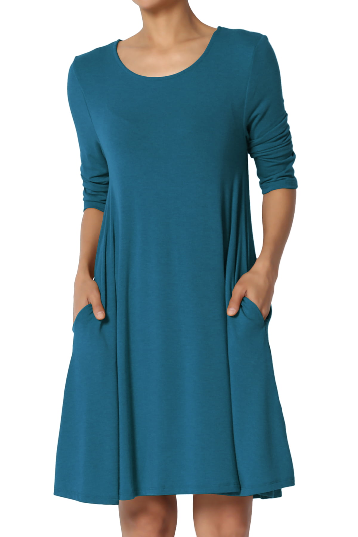 TheMogan Women's PLUS Basic 3/4 Sleeve Swing Flared Tunic Dress Pocket ...