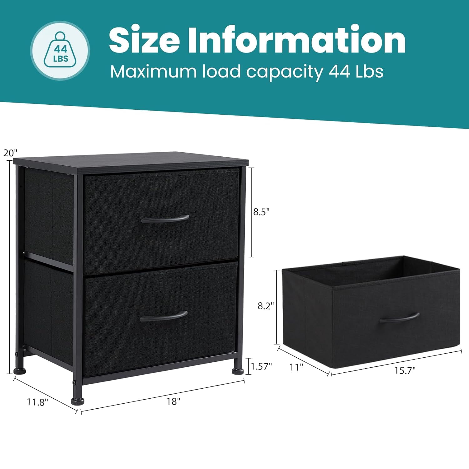 Nightstand with 2 Fabric Drawers, Small Dresser End Table for Bedroom, Closet, Dorm, Bedside Storage Organizer, Black