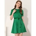 thumbnail image 2 of INSPIRE CHIC Robe Satinée à Manches Courtes Bouffantes pour Femme, Col Montant à Volants, Taille à Nouer, Vert G, 2 of 5