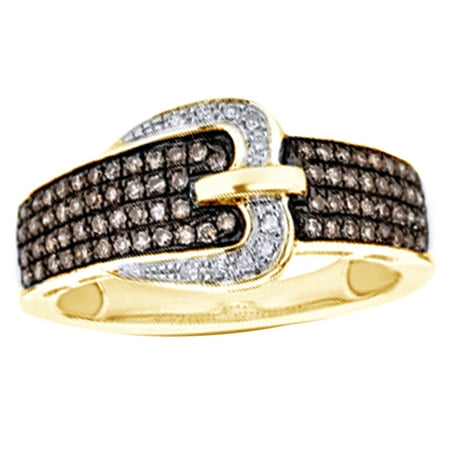 Champagne & White Natural Diamond Buckle Ring in 10k Yellow Gold