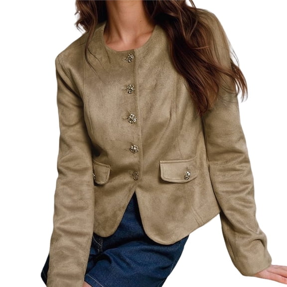 Casual Jackets for Women Long Sleeve Button Down Round Neck Vintage Going Out Brown Suede Jacket Women Camel Color S