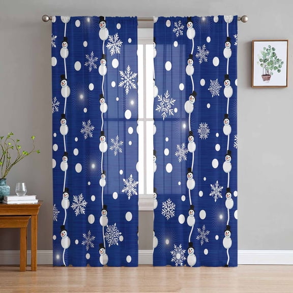ERUNPONLY Christmas Snowman Blue Sheer Curtains 96 Inch Length 2 Panels Set, Winter Snowflakes Xmas Retro Voile Window Treatment Sheer Long Curtains Drapes for Bedroom/Living Room/Kitchen 52"x96"x2