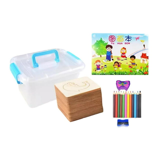 Plantillas de dibujo para niños, juguetes educativos, caja de almacenamiento de madera para niños, plantillas de tiza, de pintura para niños en edad
