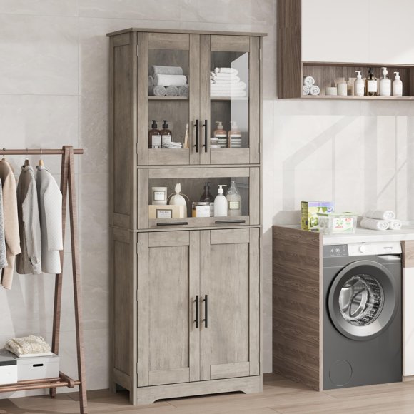 AKDSteel Slim Bathroom Storage Cabinet, Freestanding Tall Pantry with Glass Doors, Adjustable Shelves, and Drawer