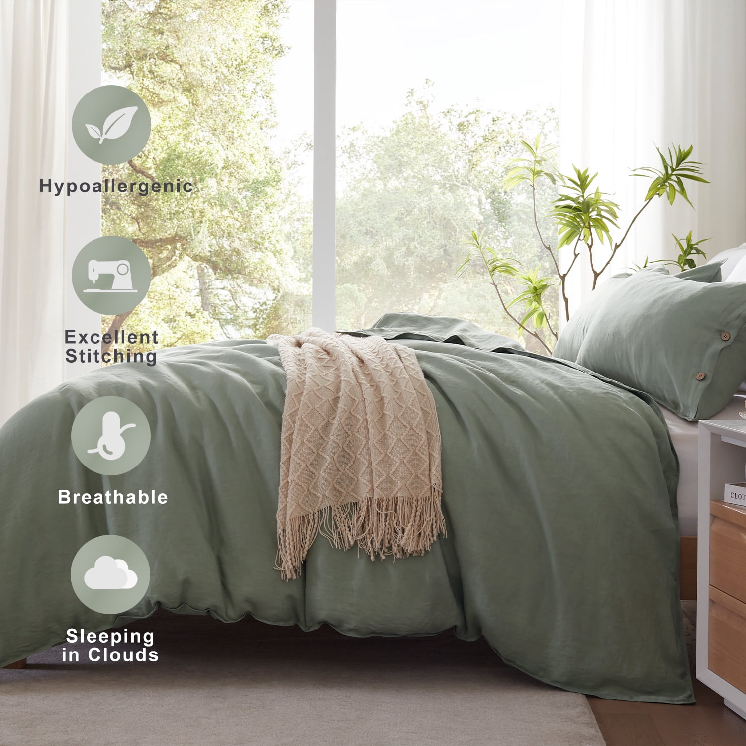 TOSMO 100% Linen Duvet Cover Set with Button Closure, 3 Pieces (1 Duvet Cover with 2 Pillowcases), Soft Breathable Durable Farmhouse Bedding
