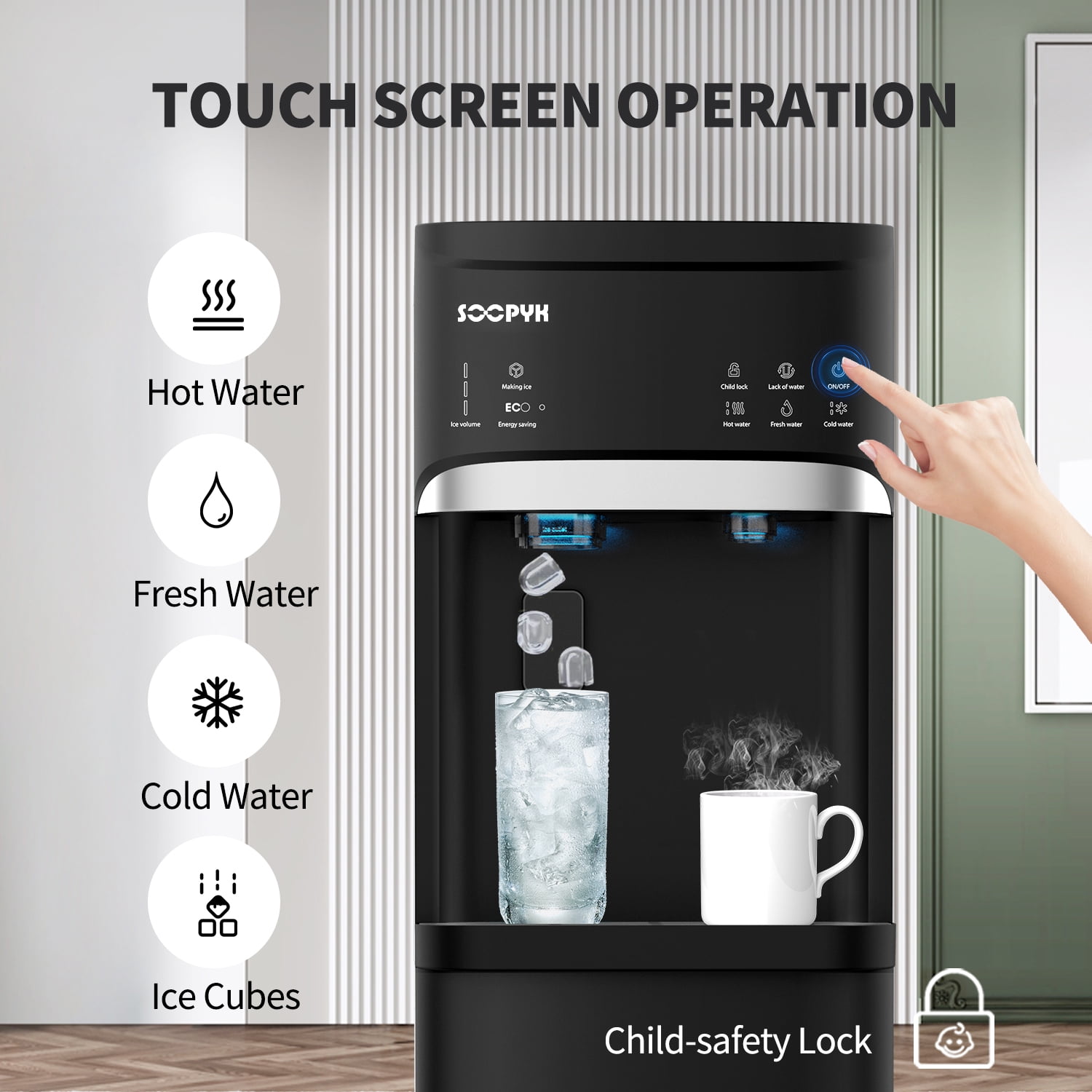 SOOPYK 3 in 1 Hot and Cold Water Dispenser with Ice Maker Bottom Load  for 3 or 5 Gallon Bottle 22lbs Daily Capacity Bullet-Shaped Ice, Black