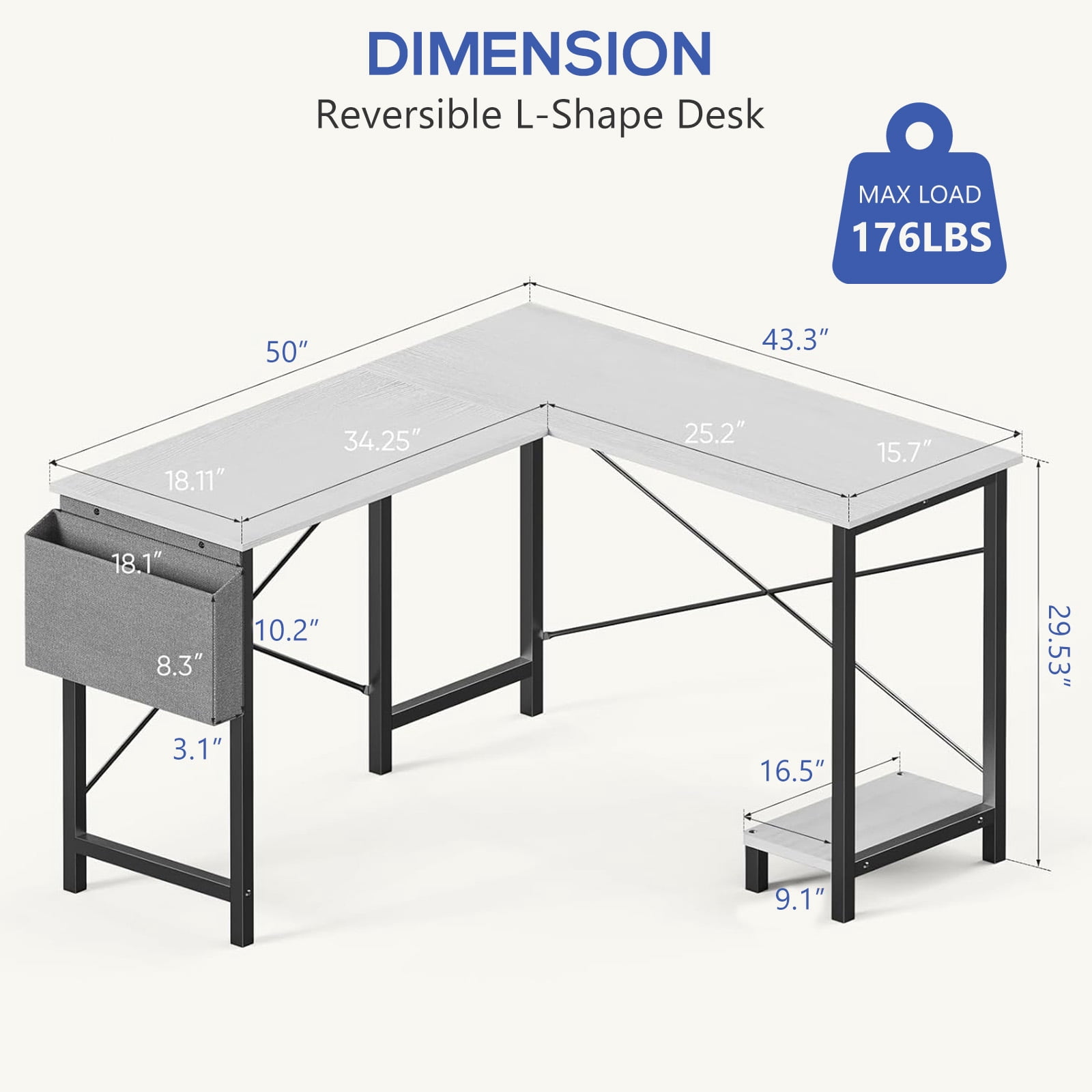 L Shaped Desk, 50 inch Reversible Corner Computer Desk with Storage Shelf & Side Bag, Home Office Working Workstation Gaming Table, White