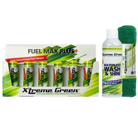 Xtreme Green Waterless Car Wash Kit - Wash & Protect No Water Needed Includes 2 x Towels (6oz) AND Fuel Max Plus+ for Gas & Diesel Reduces Emissions Improve Fuel Economy (6 x 20ml bottle) Value
