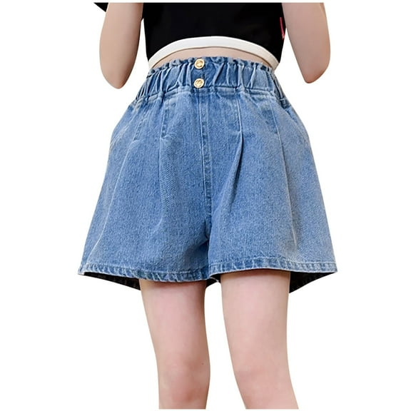 ZACPNCV Girls Denim Shorts Elastic Waist Solid Color Jeans Shorts Wide Leg Knee Length Shorts for Kids Summer Sport Shorts with Pockets Light Blue 15-16 Years