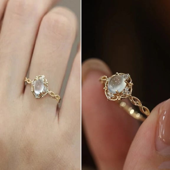 Waroomhouse Women Ring Shiny Romantic Hollow Out Sparkling Adjustable Decorative Gifts Faux Moonstone Wedding Ring Party Jewelry Fashion Accessory