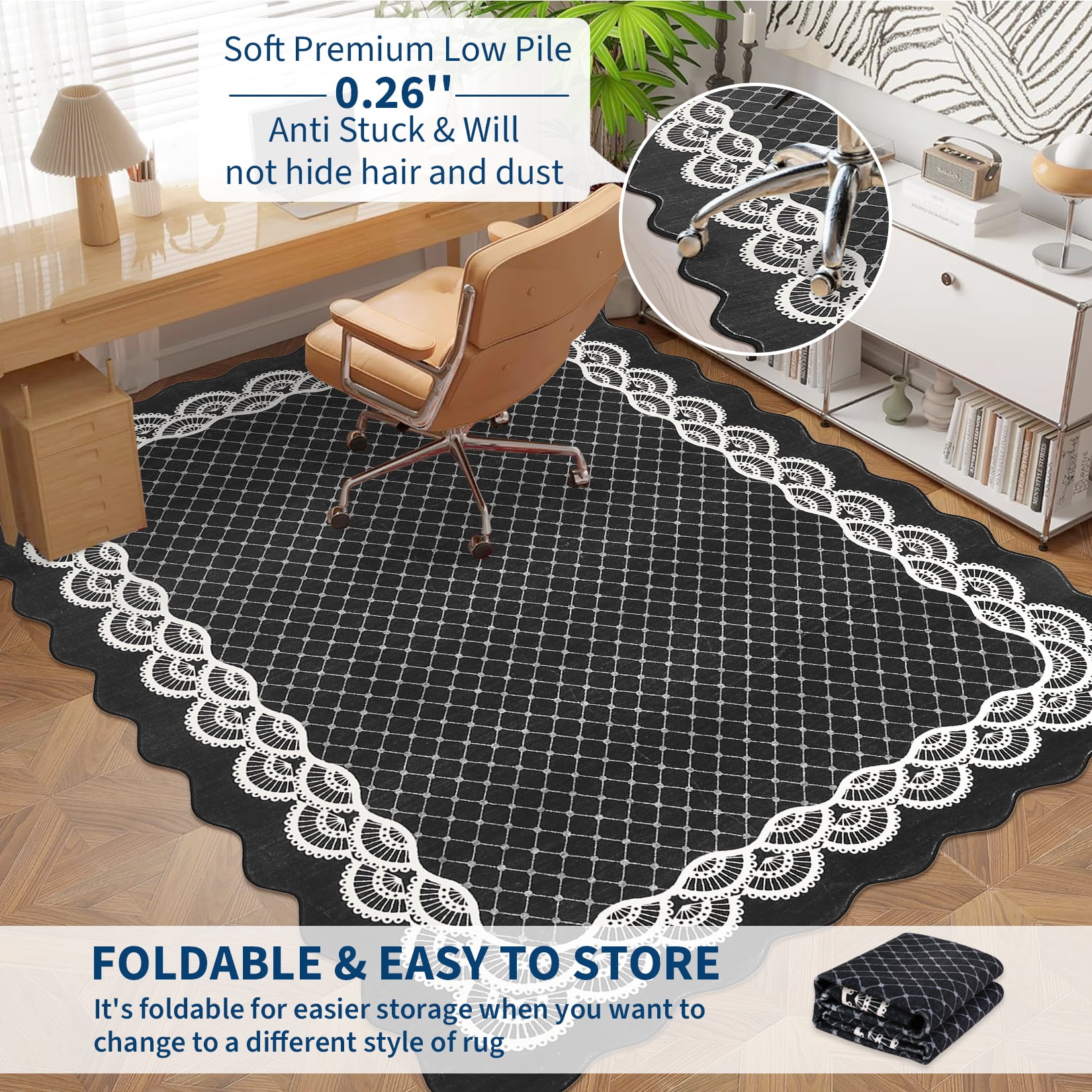 Hasoo Washable Living Room Area Rug 5x7 Modern Scalloped Border Non-Slip Soft Low Pile Indoor Black Carpet