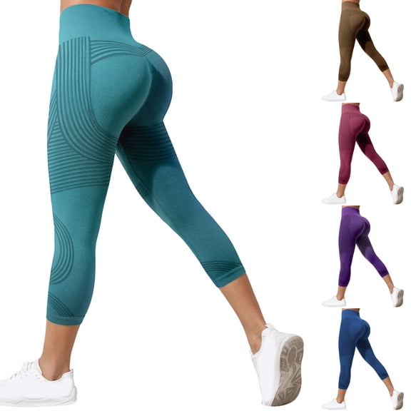 felwors Women's Capri Textured Leggings High Waist Tummy Control Yoga Pants Green for Size XL