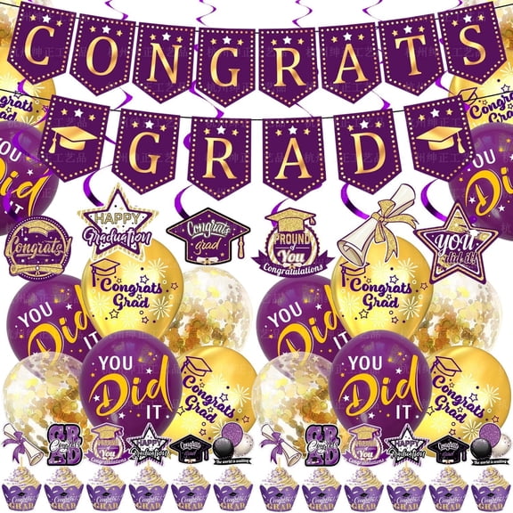 2026 Graduation Season Golden Theme Decoration Set — Blue & Gold | Purple & Gold Graduation Banners, Balloons, and Cake Decor Kit – Complete Party Supplies for High School and University Graduation C
