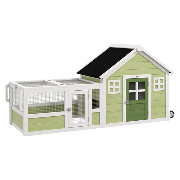 Rabbit Hutch Outdoor, 64" Wooden Bunny Cage with Wheels & Asphalt Roof - Guinea Pig Cage for Small Animals, Multicolor